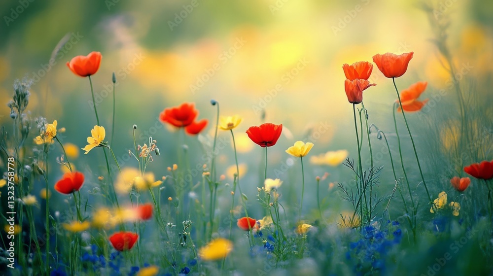 Obraz premium Vibrant poppies and wildflowers sway under a dreamy, sunlit sky, painting the landscape with a lively palette of reds, yellows, and greens.