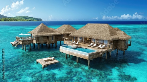 Tropical Paradise: Overwater Bungalows: Serene overwater bungalows exude an atmosphere of tropical opulence, resting gently above a crystal-clear turquoise sea with blue sky.