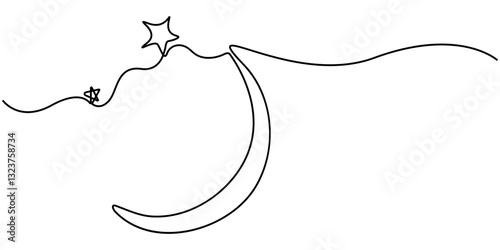 Moon sign line continuous drawing vector. One line Moon vector background. Moon icon. Continuous outline of a Moon. Linear design Moon, Continuous one line drawing of moon icon. Crescent moon. 