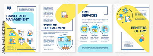Travel risk management blue and yellow brochure template. Services for tourists to stay safe. Leaflet design with linear icons. Editable 4 vector layouts. Questrial, Lato-Regular fonts used