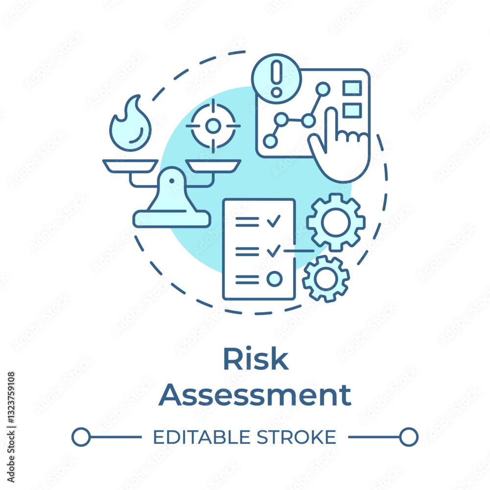 Risk assessment soft blue concept icon. Identify potential impact of event. Danger management process. Round shape line illustration. Abstract idea. Graphic design. Easy to use in presentation Risk assessment soft blue concept icon. Identify potential impact of event. Danger management process. Round shape line illustration. Abstract idea. Graphic design. Easy to use in presentation