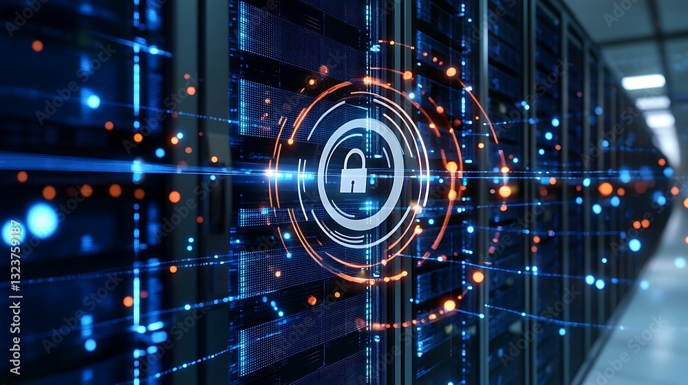 Fototapeta premium Digital Security Concept with Data Network and Padlock Symbol in Server Room Environment
