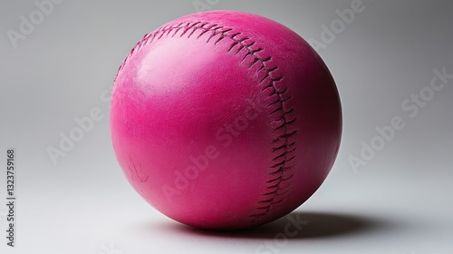 A vibrant pink softball, its glossy surface reflecting the light, rests on a stark white canvas, its color popping against the clean backdrop, highlighting its texture and form.