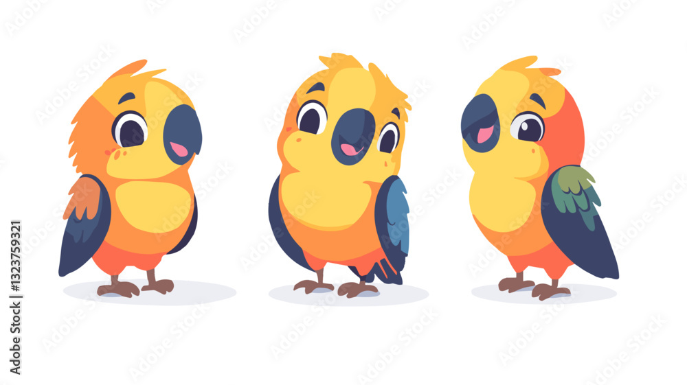 Obraz premium Colorful cartoon parrot character in various poses on a white background 
