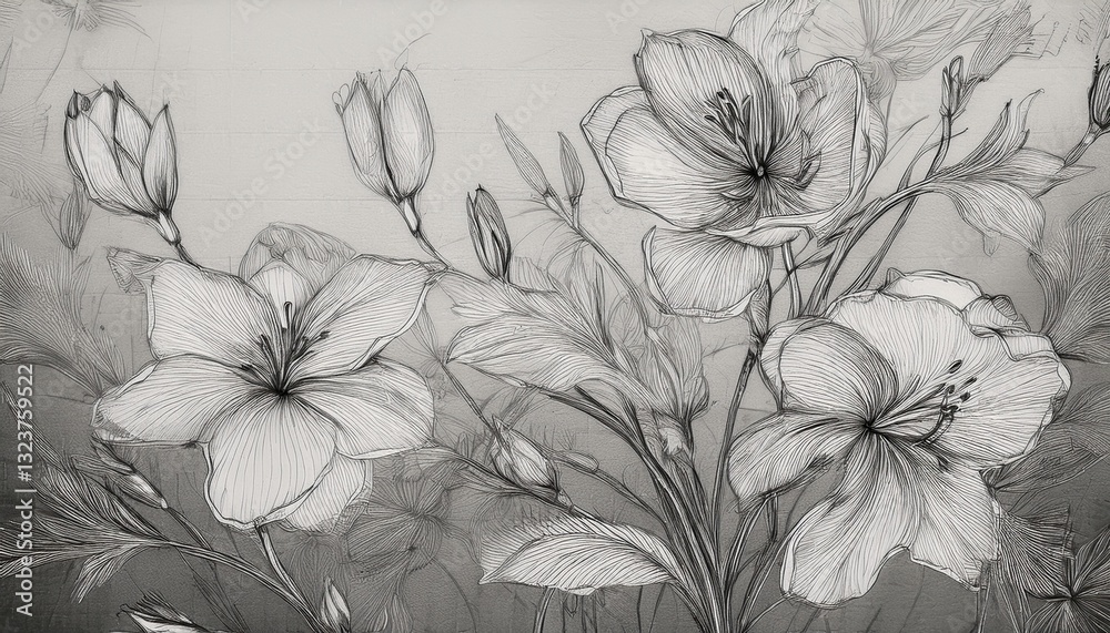 A black-and-white texture featuring a delicate flower sketch on a paper-like background, creating a vintage and artistic aesthetic.
