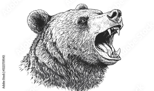 Roaring bear head in monochrome style, detailed animal illustration, linear icons set.