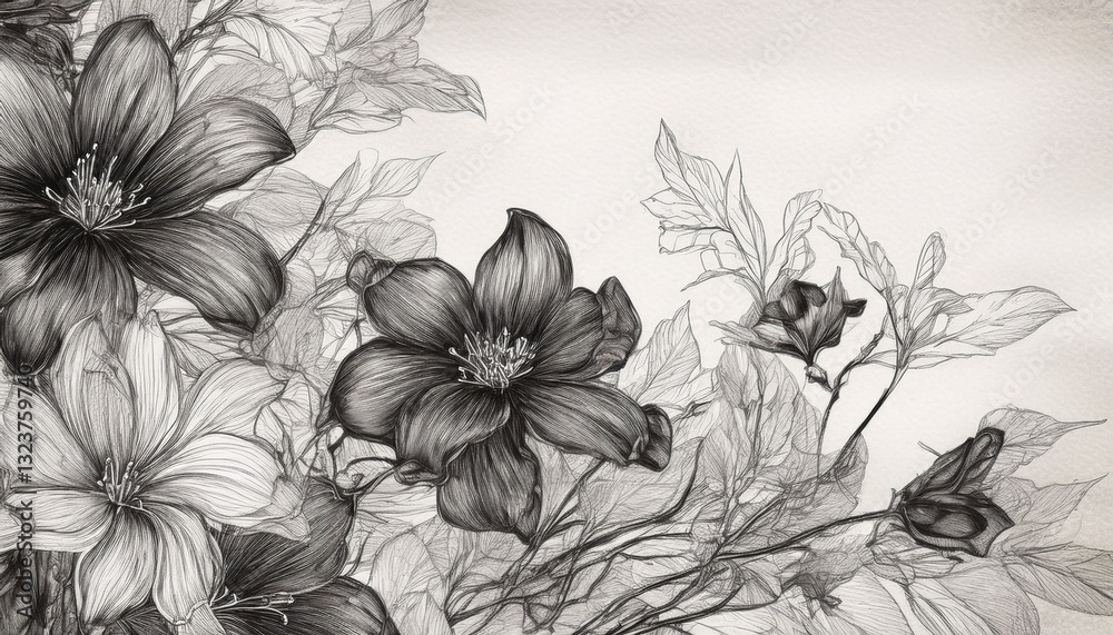Fototapeta premium A black-and-white texture featuring a delicate flower sketch on a paper-like background, creating a vintage and artistic aesthetic.