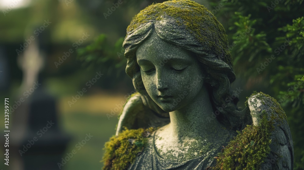 Fototapeta premium A serene angel statue, adorned with moss, exudes tranquility amidst a verdant backdrop, capturing a moment of peaceful reflection.