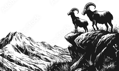 Mountain goats on cliff with himalayan scenery, flat icons set vector.