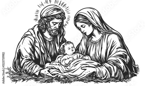 Nativity scene with holy family in manger, black and white, linear icons set, vector.