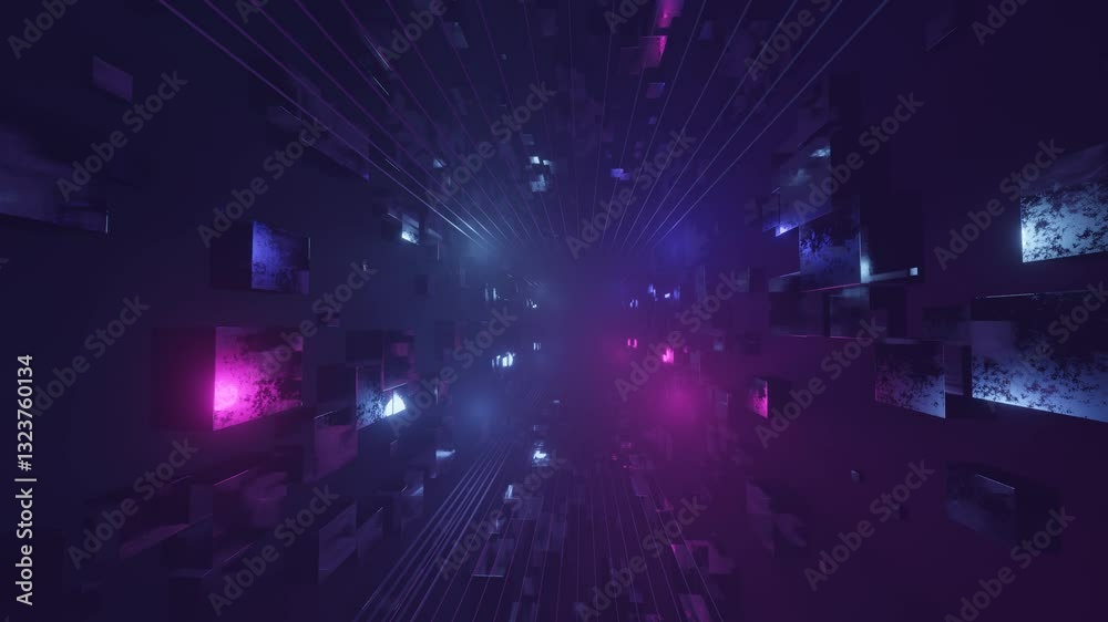 Fly through technology cyberspace with neon glow. Sci-fi constructions, mysterious 3d objects in fog. Sci-fi flight through hi-tech technology tunnel. Hologram and neon light. 3d looped seamless 4k bg