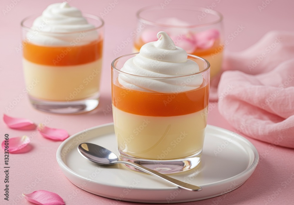 A delicate dessert scene featuring two glass cups filled with layered dessert placed on a white round plate with a subtle rim A delicate dessert scene featuring two glass cups filled with layered dessert placed on a white round plate with a subtle rim