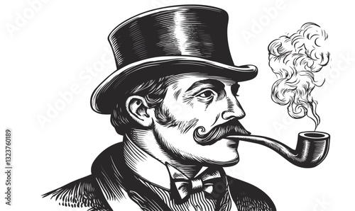 Vintage gentleman smoking pipe in top hat - linear icons set vector.