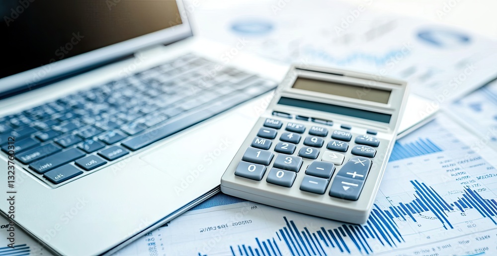 Laptop, calculator, and financial charts on desk