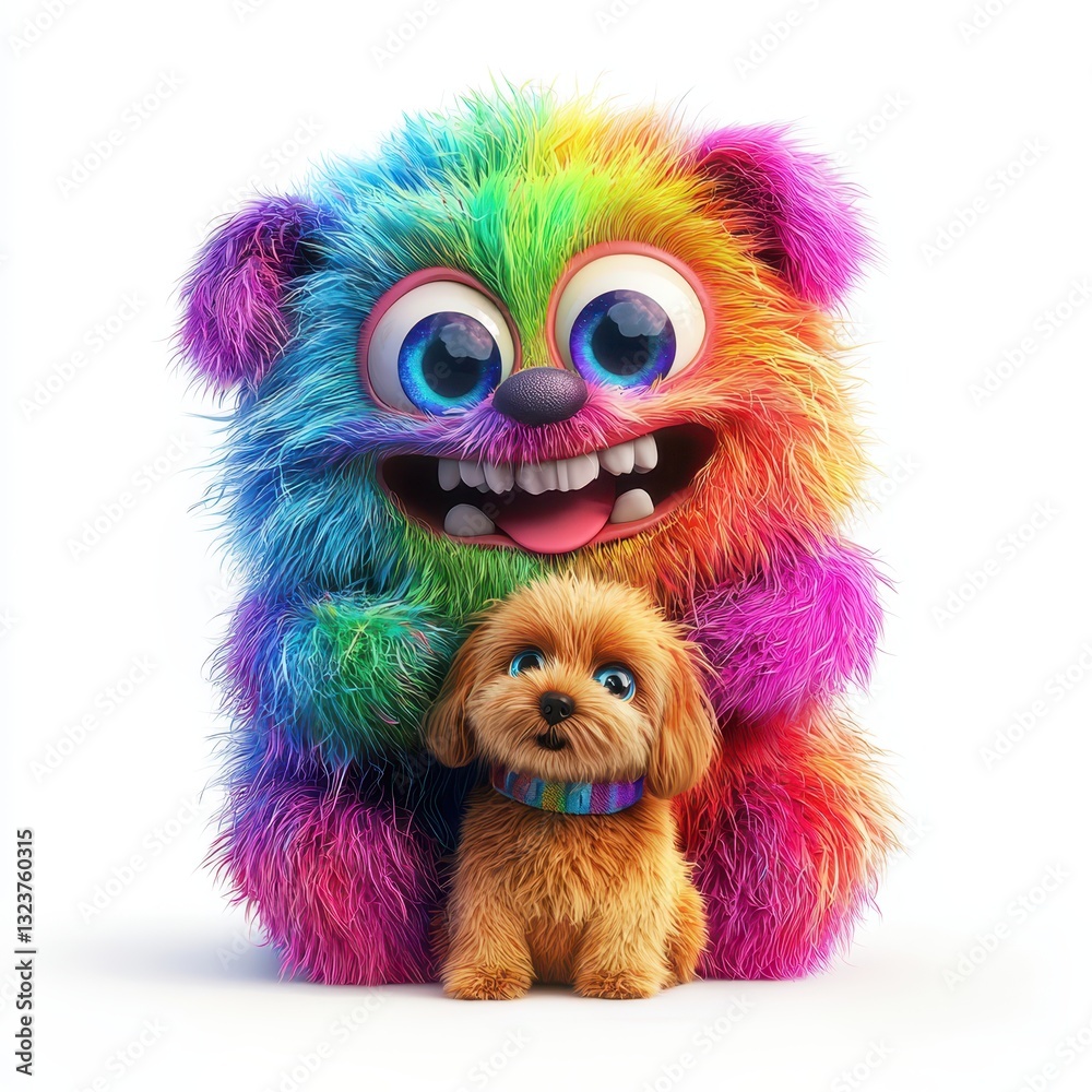 Obraz premium Rainbow Fluffy Monster Joyfully Playing with a Puppy, isolated on clear white background