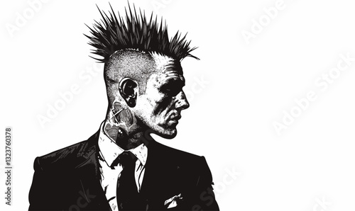 Punk rocker with mohawk in suit facing right, black and white, linear style icons set, vector.