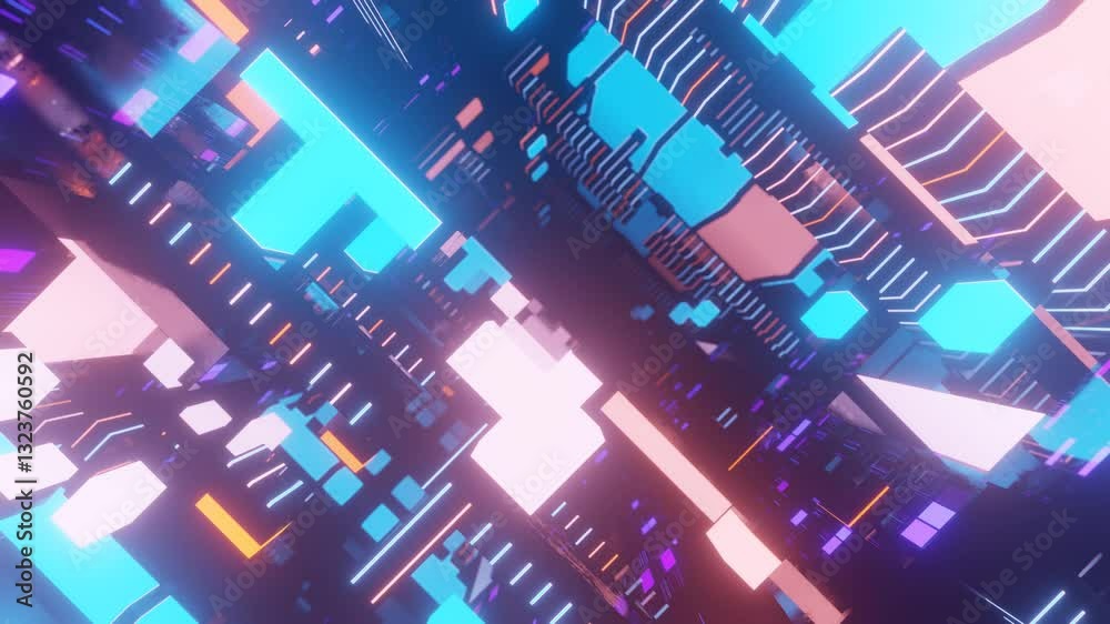 Fly through technology cyberspace with neon glow. Abstract blocks. Sci-fi flight through hi-tech technology tunnel. Hologram and neon light. 3d looped seamless 4k bright background. Data flow