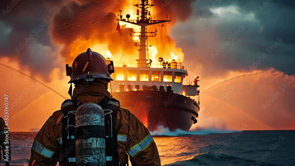 Huge flames engulfing the ship’s deck
