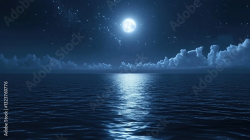 Moonlit Serenity: A tranquil night scene of a full moon casting a soft glow upon the calm ocean, creating a reflective path across the water.