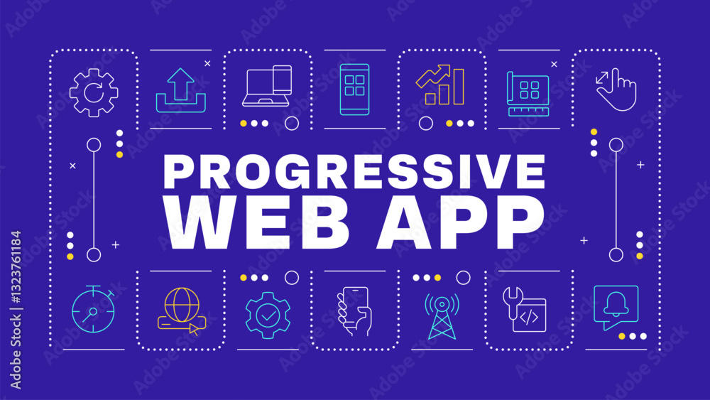 Progressive web app dark purple word concept. PWA advantages and components. Software development. Horizontal vector image. Headline text surrounded by editable outline icons. Hubot Sans font used Progressive web app dark purple word concept. PWA advantages and components. Software development. Horizontal vector image. Headline text surrounded by editable outline icons. Hubot Sans font used