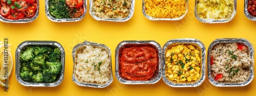 Healthy food delivery. Take away of organic daily meal on yellow, copy space. Clean eating concept, healthy food, fitness nutrition take away in foil boxes, top view.