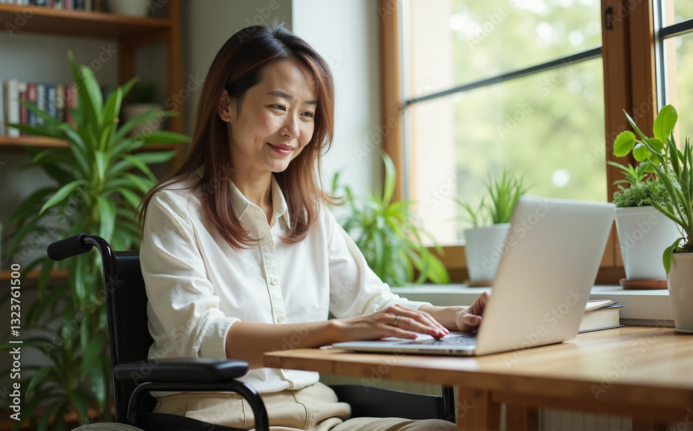 Asian woman with long hair in wheelchair working on laptop at home Asian woman with long hair in wheelchair working on laptop at home