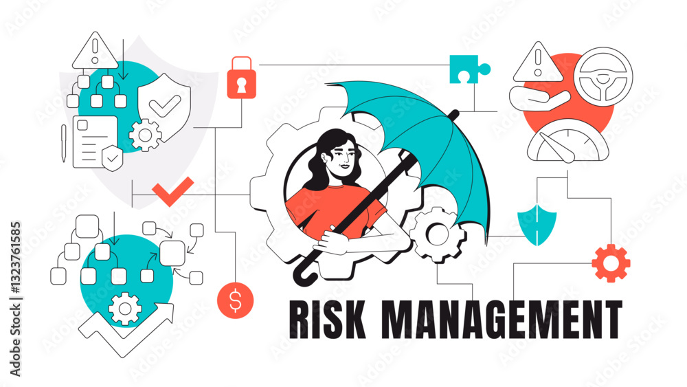 Risk management concept illustration. Business strategy, organization. Security, protection. Assessment, control. Text banner with flat vector character, colorful line icons. Visual communication Risk management concept illustration. Business strategy, organization. Security, protection. Assessment, control. Text banner with flat vector character, colorful line icons. Visual communication