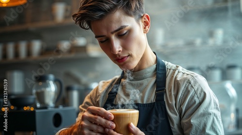 Young barista with apron in rustic coffee shop posing for portrait