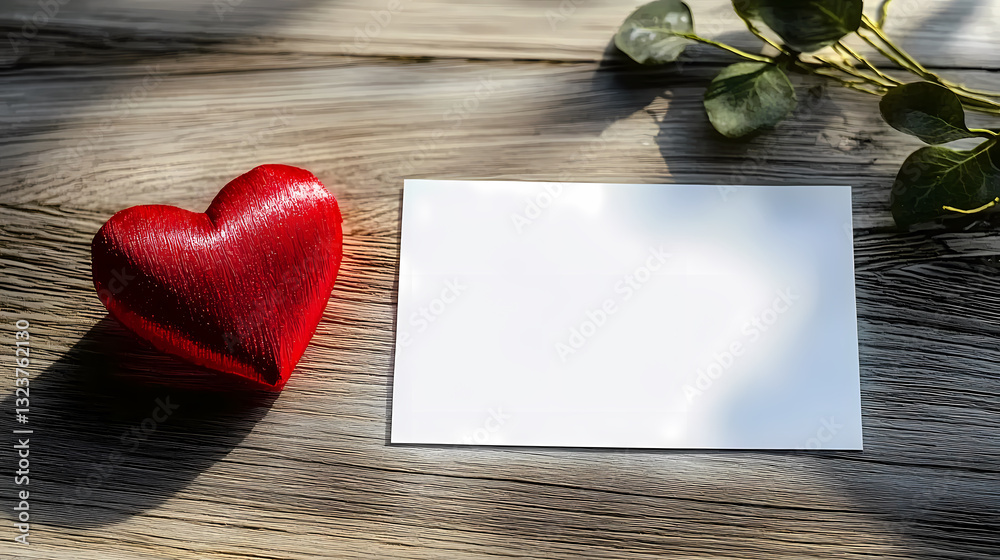 Red heart and blank card on a wooden table