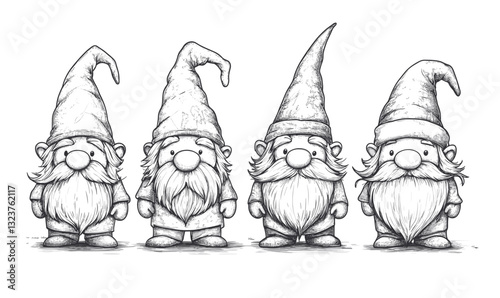 Charming garden gnomes with long beards and tall hats, linear style icons set, vector.