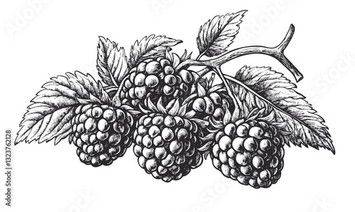 Raspberry branch drawing with detailed leaves and berries, linear style icons set, vector.