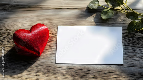 Obraz na płótnie Red heart and blank card on a wooden table w salonie