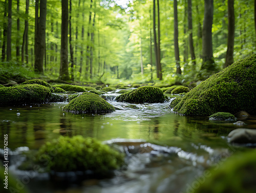 A stream in the forest has mossy rocks