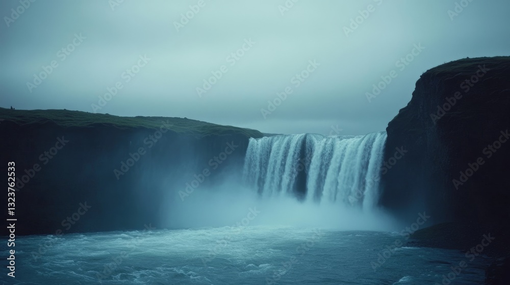 Fototapeta premium A powerful waterfall cascades over a cliff, enveloped in mist and framed by lush greenery under an overcast sky.