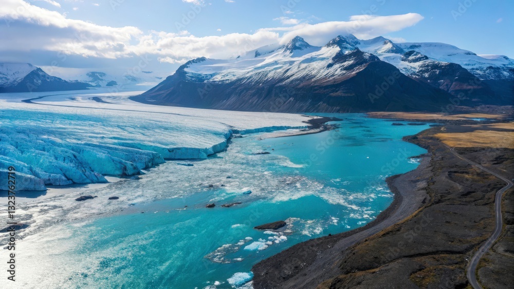 Naklejka premium Glacier with Blue Ice Formations A breathtaking top-view drone shot of a glacier, where the ice has formed stunning blue formations.