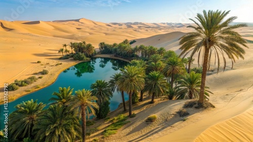Palm Tree Oasis in the Desert
A striking top-view drone image of a palm tree oasis in the middle of a desert.