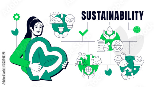 Sustainability concept illustration. Ecology preservation. Waste management, greenhouse gas. Green energy. Text banner with flat vector character, colorful line icons. Visual communication