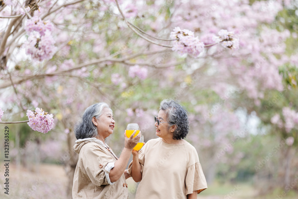 Fototapeta premium Two elderly women enjoy a refreshing moment under blooming cherry blossoms, holding glasses of orange juice. They share smiles and laughter, embracing the beauty of nature and their friendship.