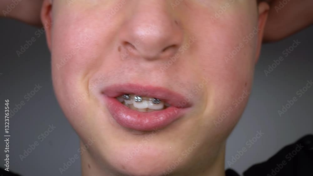Teeth with braces. Smile close-up. Mouth speaking. Teenager face. Orthodontist stomatology Teeth with braces. Smile close-up. Mouth speaking. Teenager face. Orthodontist stomatology