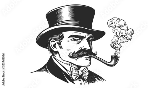 Vintage gentleman with pipe and top hat, black and white vector, linear icons set.