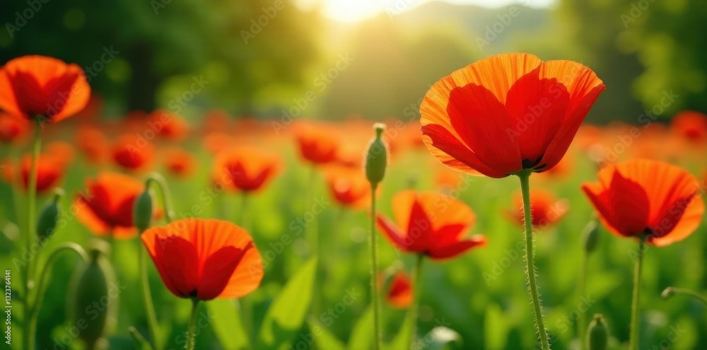 Vibrant red poppies bloom in summer sun, lush green foliage , scarlet, outdoors, bloom Vibrant red poppies bloom in summer sun, lush green foliage , scarlet, outdoors, bloom