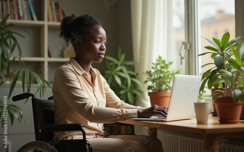 young black woman in wheelchair working on laptop at home