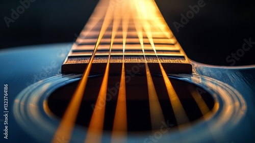 Close-up of a guitar's strings glow in warm sunlight, highlighting musical craftsmanship and detail.