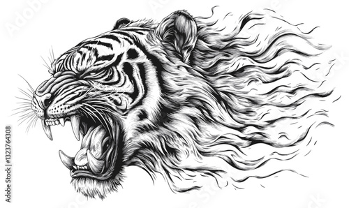 Fierce roaring tiger with flowing mane, black and white linear vector icons set.