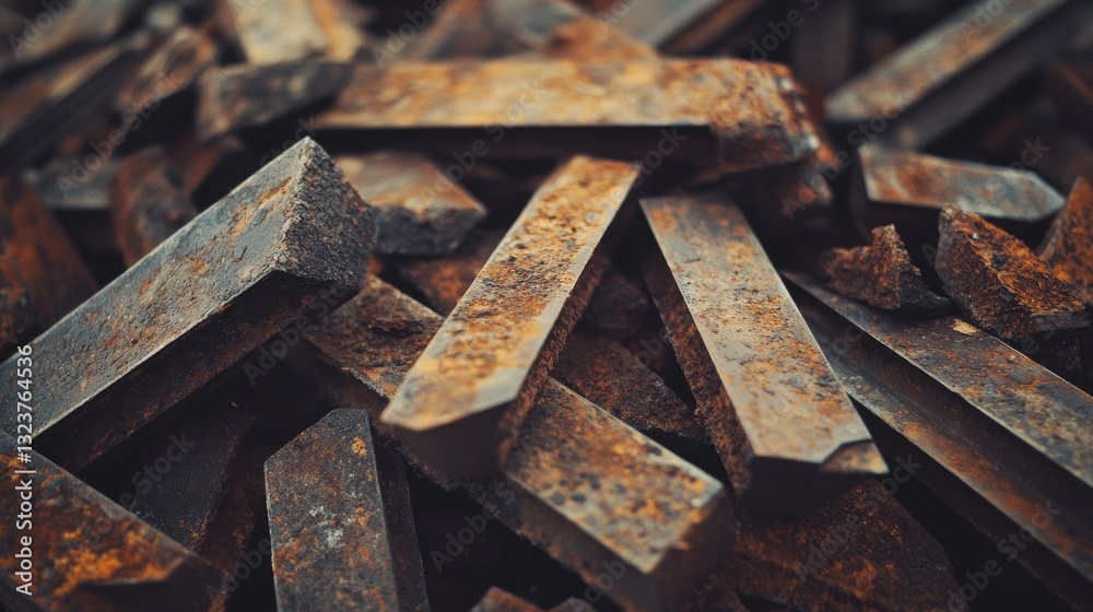 Pile of rectangular rusted metal bars stacked haphazardly, showcasing rugged textures and earthy tones against a muted background. Pile of rectangular rusted metal bars stacked haphazardly, showcasing rugged textures and earthy tones against a muted background.