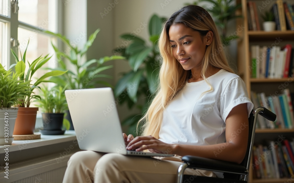 young dark-skinned woman in wheelchair working on laptop at home young dark-skinned woman in wheelchair working on laptop at home