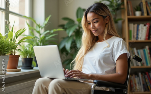 young dark-skinned woman in wheelchair working on laptop at home