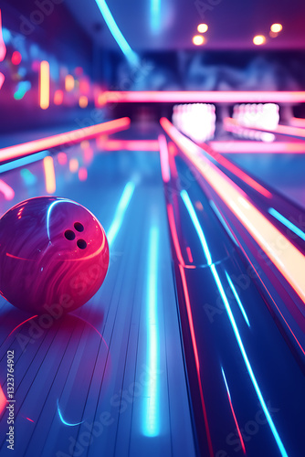 Vibrant neon bowling alley with colorful laser beams illuminating the surroundings, creating an immersive and energetic atmosphere for an action-packed bowling experience. A pink ball rolling down the