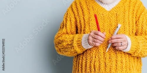Cozy Wellness Narrative Ergonomic Medical Device Management in Vibrant Knitwear - Senior Health Empowerment through Digital Self-Care Technologies