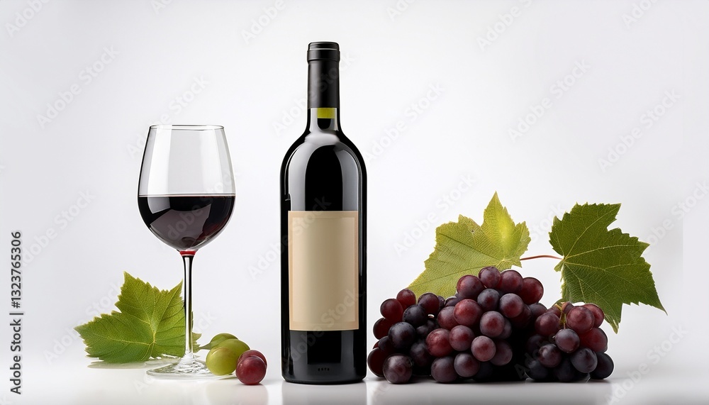 Obraz premium A wine bottle with a simple, elegant label, a wine glass in the background, set against a white backdrop with subtle wine splashes, creating a clean and sophisticated aesthetic. 